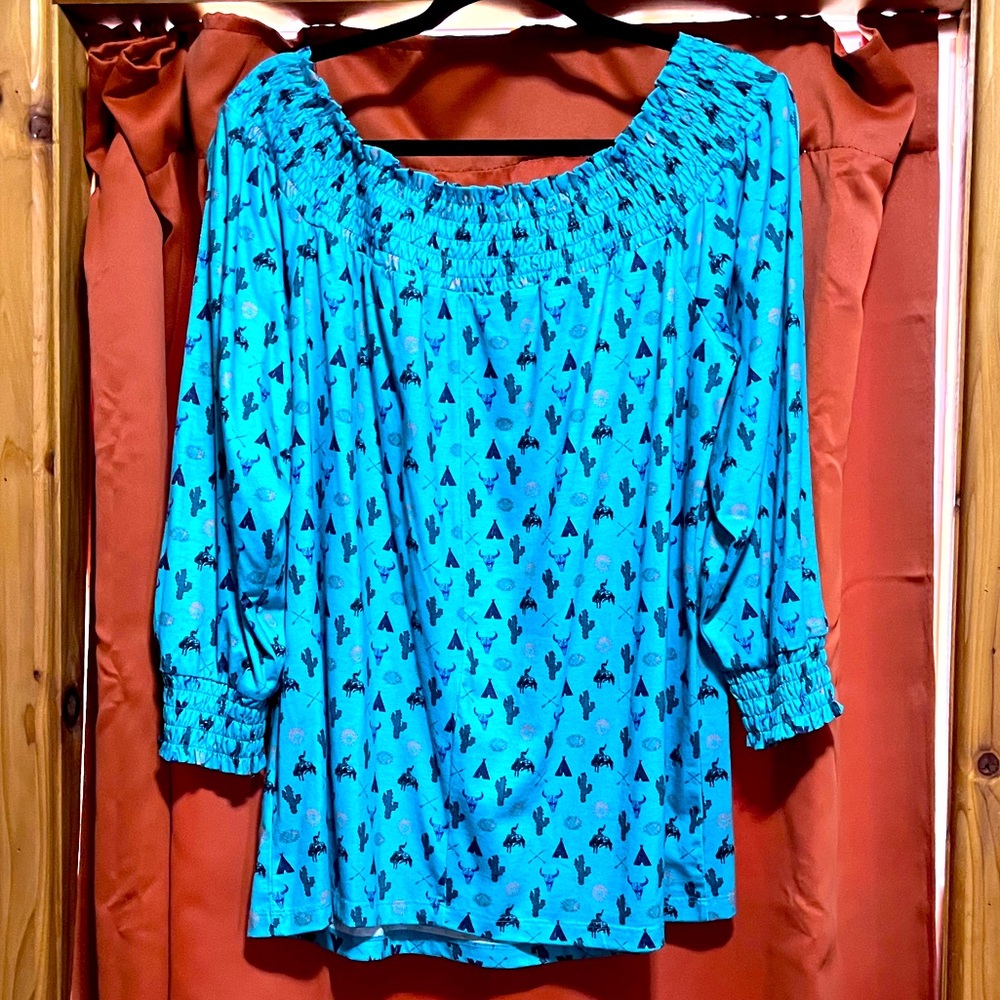 Cowgirl Tuff Turquoise off the Shoulder w/ Open Sleeves